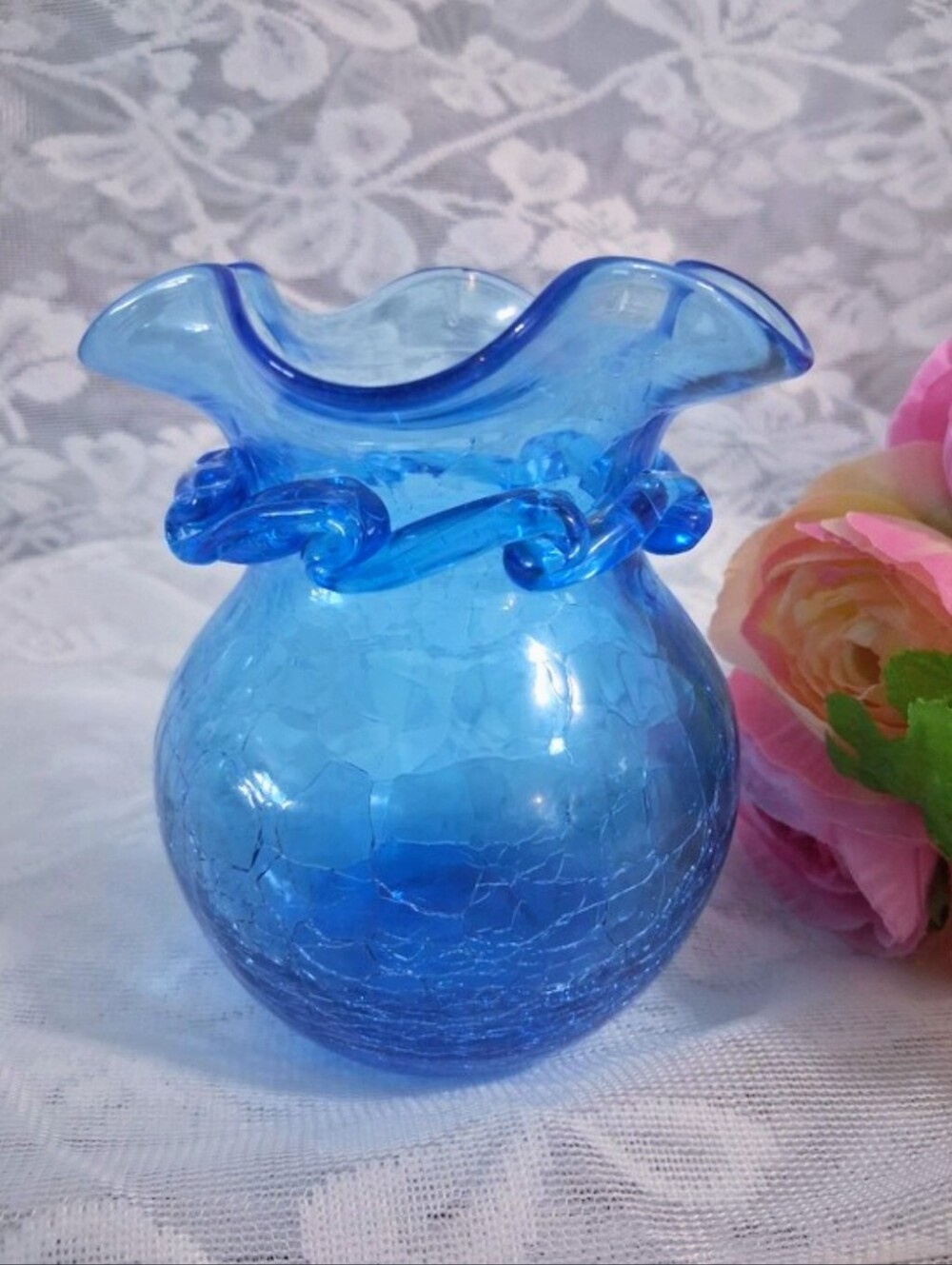 Vintage Hand-crafted Aqua Blue Crackle Glass Vase